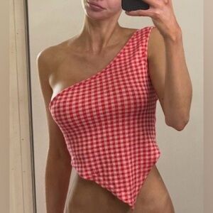 Red Gingham One-Shoulder Crop Top